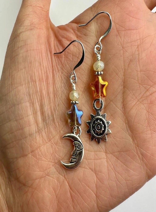 Agromusk Vintage Sun Moon Star Dangle Earrings for Women,Boho Celestial Jewelry Asymmetric Drop Earrings Silver Iridescent Orange Blue Retro Earrings Gifts(Light Blue) - Image 3